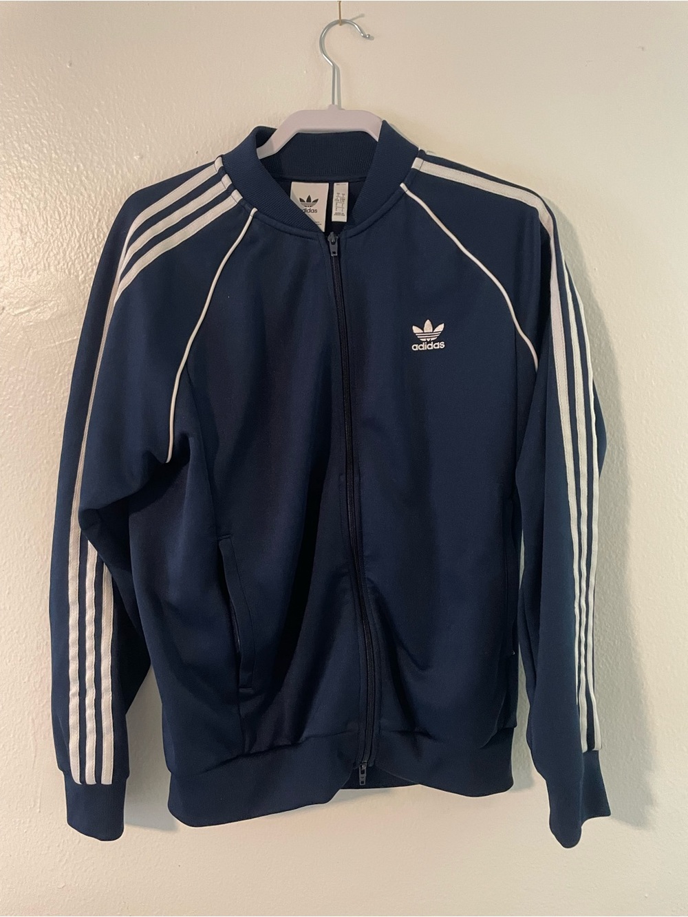 adidas Navy Blue Zip-Front Trefoil Jacket with White Accents